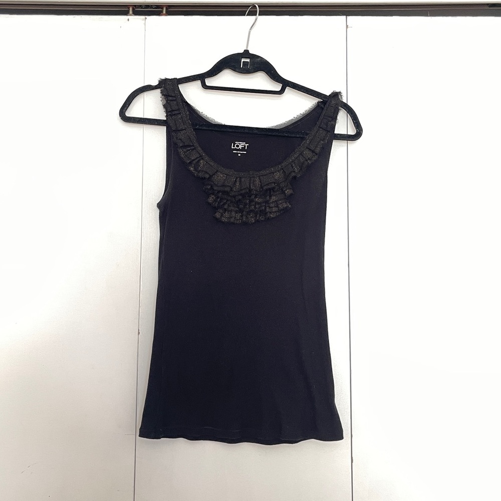 Ann Taylor Loft black tank top with frilly gold sparkle around neck line.